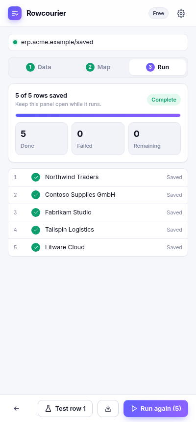 Run complete with per-row status