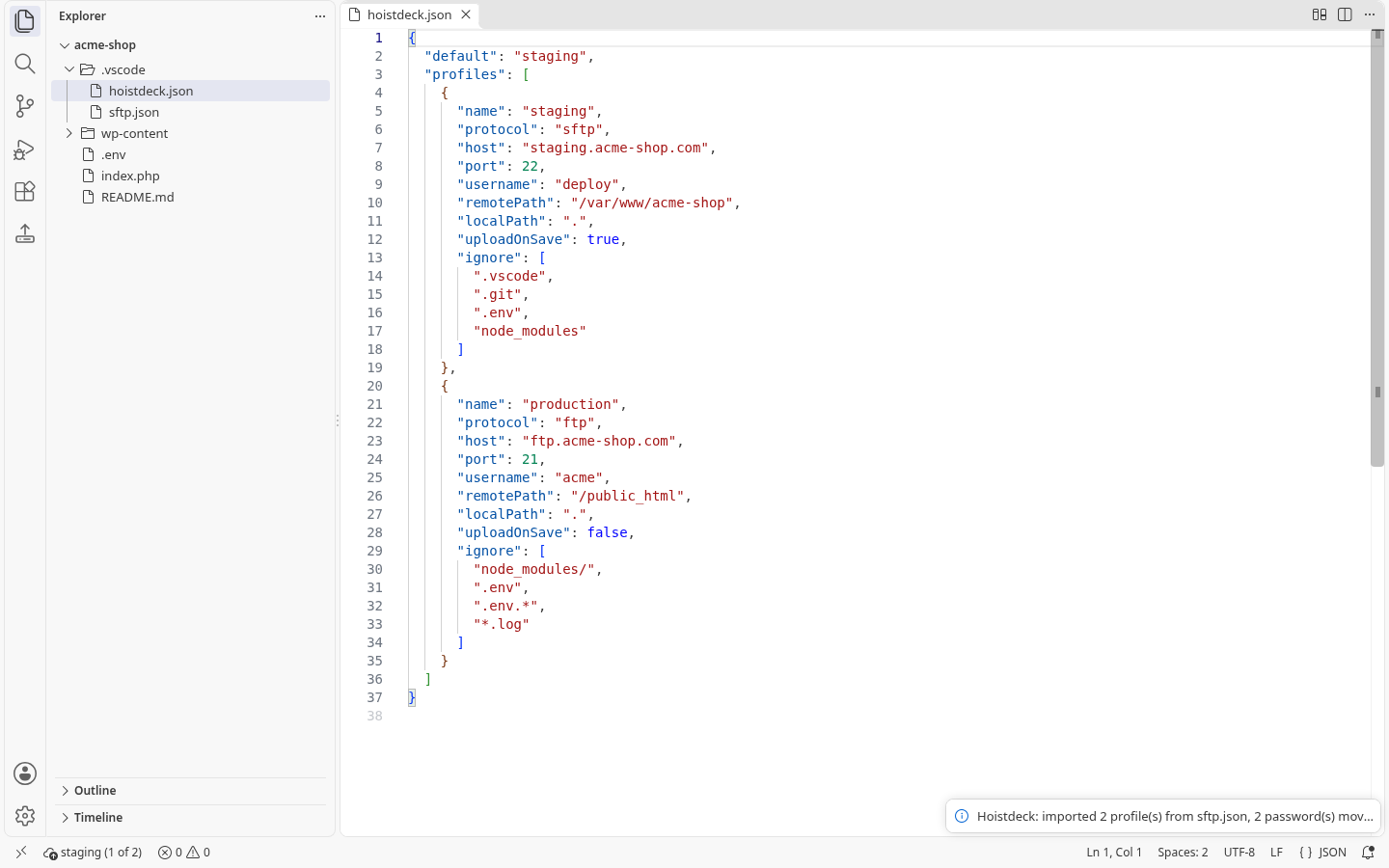 sftp.json imported, with no passwords in the file