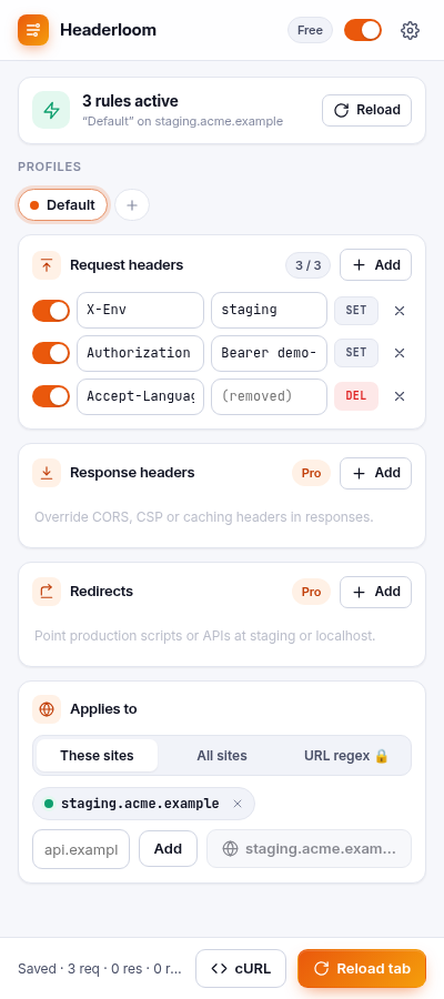 Request headers active on one site