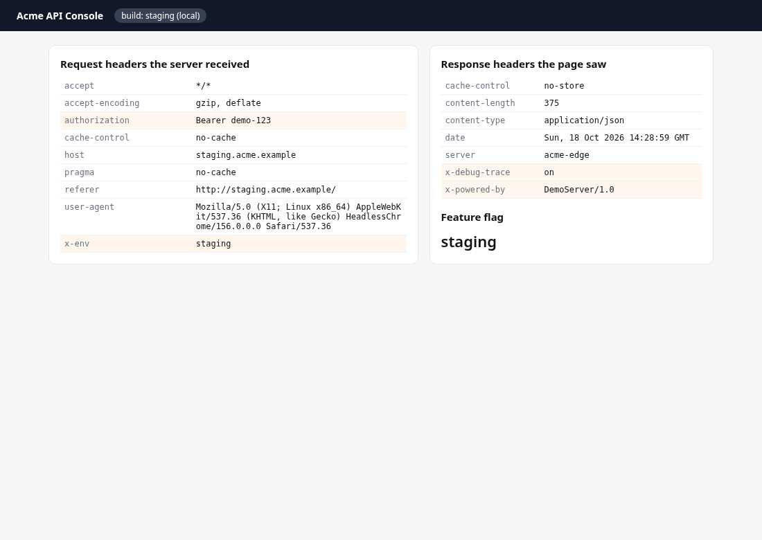 Demo API console showing the headers Headerloom added