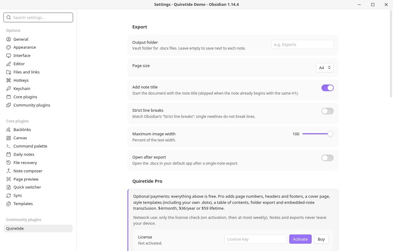 Quiretide settings in Obsidian