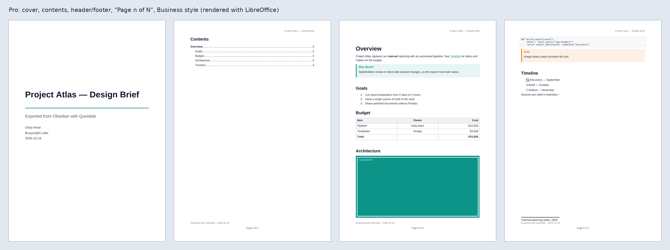 Exported Word pages with cover, contents and page numbers (Pro)